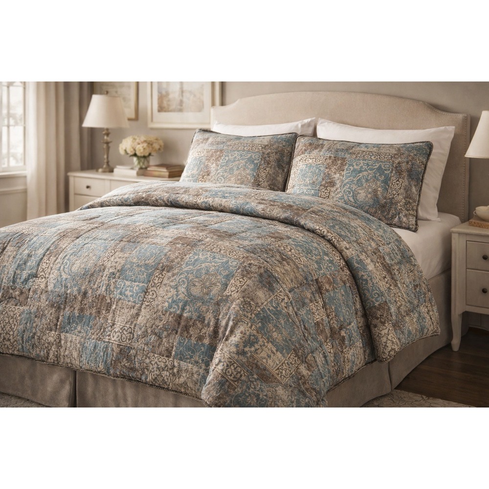 Croscill Comforter Set Full Size Blue Brown Damask 3pc Shams Luxury Bedding